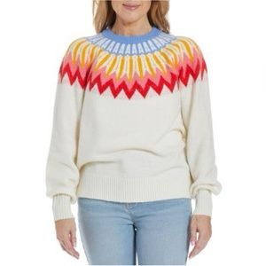 French Connection Colorful Neckline Ivory Base Wool Blend Crew Neck Sweater.